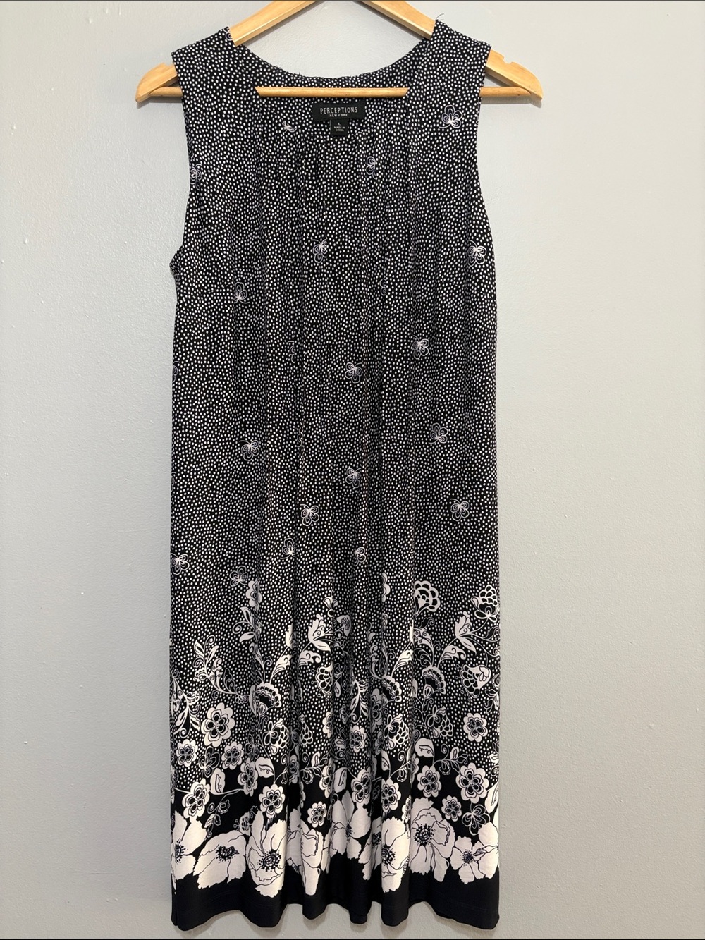 Perceptions Black & White Floral Border Sleeveless Midi Dress size L